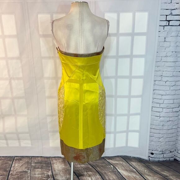 Nicole Miller collection yellow silk satin lace accent strapless cocktail dress - Picture 4 of 10
